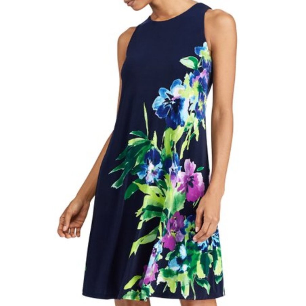 Blue Floral Sleeveless A-Line Dress - Petite